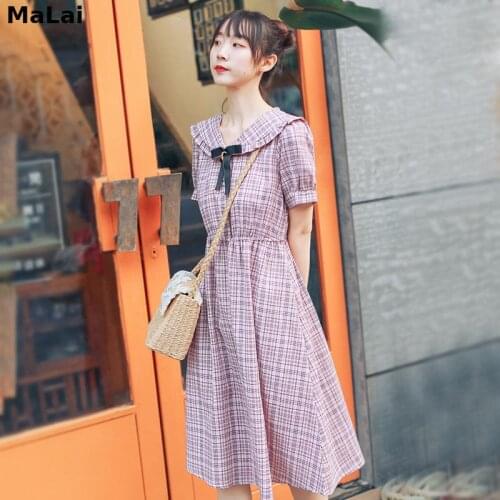 Mori Girl Summer Women Plaid Dress Peter Pan Collar Light Purple Bow Dress Cute Kawaii Sweet Japanese Elegant One Piece Dresses