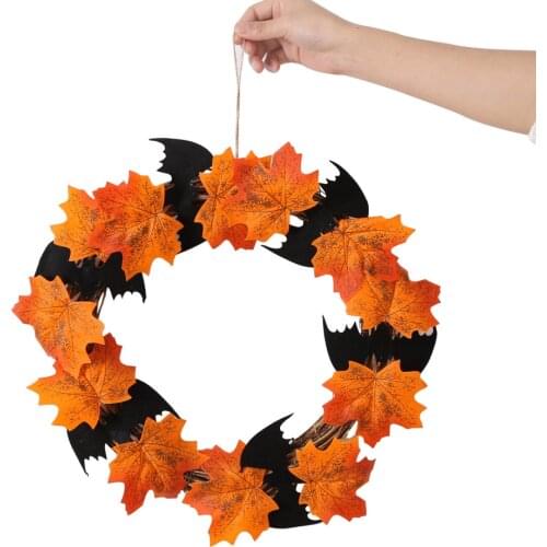 1pc 28cm / 40cm Artificial Maple Leaf Bat Wreath Halloween Decorations Garland Halloween Wall Door Decorative Pendant