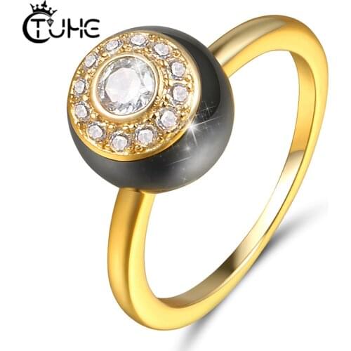 2mm Width Gold Pink Silver Color Ceramic Rings for Women Ball Shape CZ Crystal Female Wedding Party Christmas Gift