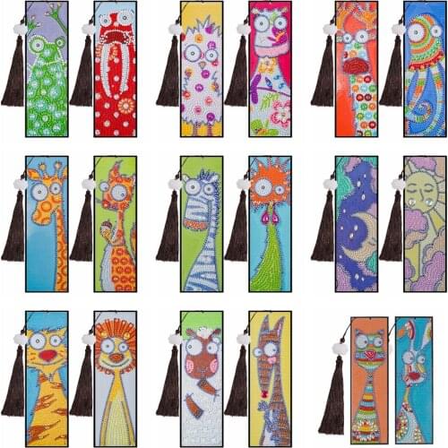 2PCS diamond painted leather child bookmark cartoon animals with tassel book logo special shape diamond embroidery bookmark