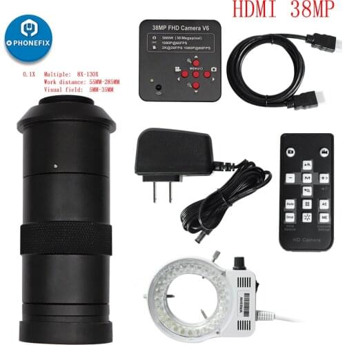 38MP 1080P HDMI VGA Video USB Industry Microscope Camera + Adjustable 250X 130X 200X Zoom C mount Lens + 56 LED Ring Light