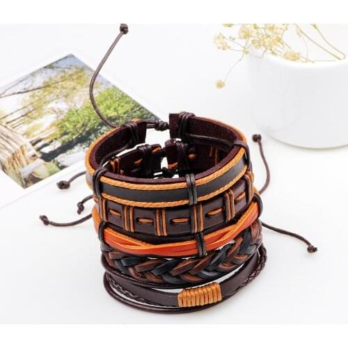 5pcs/set Boho Gypsy Hippie Punk Black Dark Brown Leather Wax Cord Rope X Knots Layers Stacked Adjustable Bracelets Set for Man