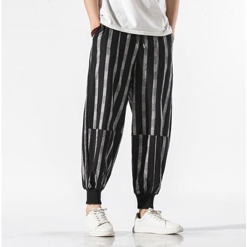 2020 Cotton Harem Pants Men Baggy Pants Korean Style Striped Mens Crotch Wide Leg Pants Casual Loose Trousers Pantalones Hombre
