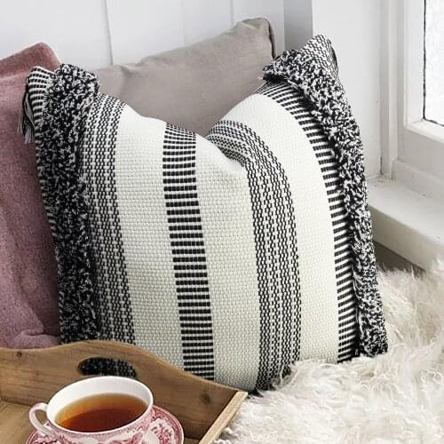 Kwasten Kussenhoes Pillowcase 45X45Cm Katoen Borduurwerk Getuft Black Kussensloop Handgemaakte Voor Thuis Decoratie Sofa Bed