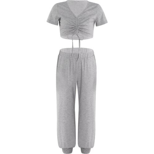 Kids Girls Summer Sport Suit Short Sleeves Drawstring Cropped T-shirt and Pants Set Sportswear for Gym Yoga Sports Casual Outfit