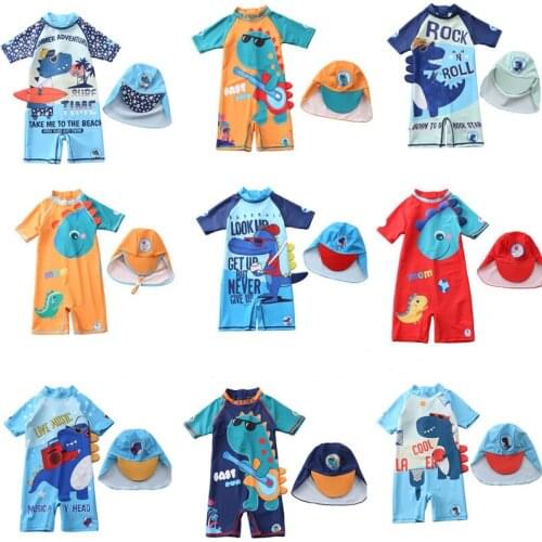 Children One Piece Swimsuit Kids Baby Girls Swimwear Boys Short Sleeve Surfing Wear Bathing Suit Baby Sandy Rash Guard +Cap 1-6Y