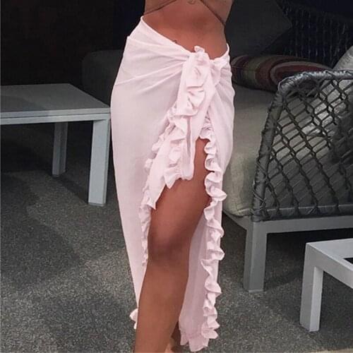 Ruffles Sarong Skirt Fashion Solid Chiffon Skirts Womens Sexy Cover up Beach Irregular Beach Casual Asymmetrical Mid-calf Empire
