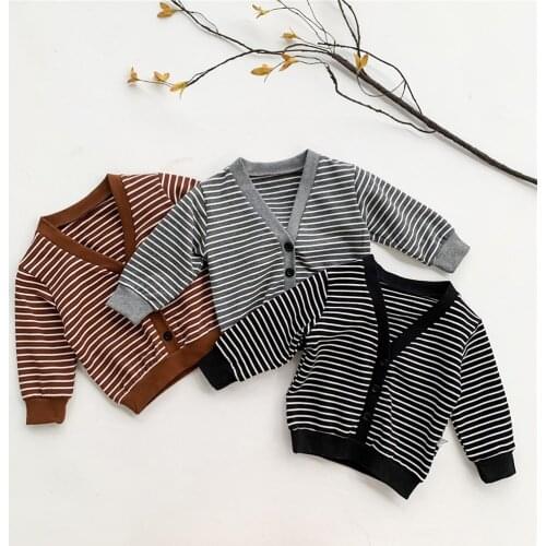 Toddler Kids Baby Boys Girls Color Block Cardigan Autumn Button-down Striped Print Long Sleeve V-neck Knitwear Outwear