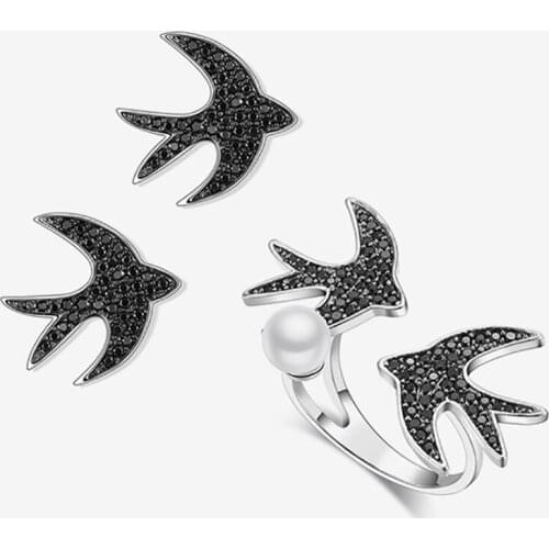 925 sterling silver black agate two swallows cute open pearl ring bird earring set party female luxury Bring lucky gifts jewelry