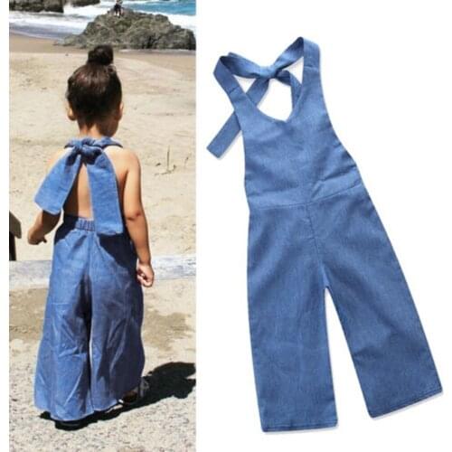 Children girls denim jumpsuit blue halt long soft cotton kids toddler suspender trousers open back big bow kids pant clothing