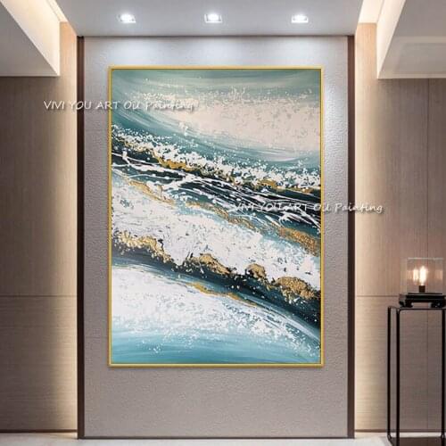 The Best Blue Yellow 100% Handmade Sea Wave Abstract Picture Modern Original Oil Painting Art Design Canvas Living Room Decor