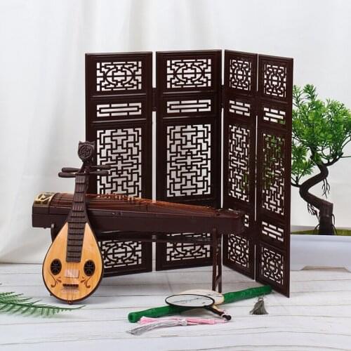 New Hot！Exquisite Retro Dollhouse Miniature Folding Screen Flute Lute Guzheng Fan Life Scene Ornament