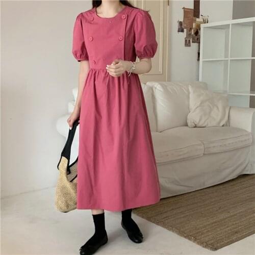 Dress Square Neck Short-sleeved Dress Womens Summer New Korean Version of The High-waisted Thin A-line Mid-length Skirt