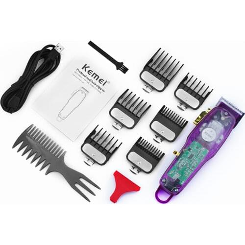 Kemei Professional Hair Clipper Carbon Steel Blade Barber Hair Trimmer Transparent Design Hair Cutting Machine Beard Cordless