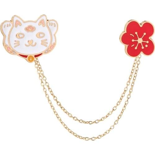 Lucky Cat Flower Enamel pins Badge Wishing for Wealth And Romantic Chain Linked Collar Pin Broaches Party Gifts bag hat