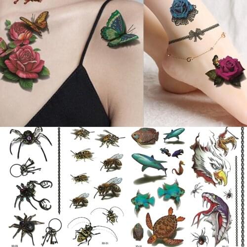 3d Tattoo Stickers Black Large Rose Peony Temporary Tattoos Waterproof Women Men Butterfly Kiss Bird Flower Fake Transfer Tato