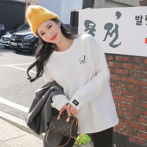 2021 Spring Atumn Smile Print Women T-shirt Long Sleeve Warm Loose White New fashion Woman Generation Oversized Female Tops