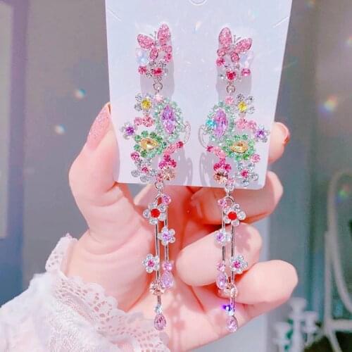MENGJIQIAO Korean Silver Color Luxury Flower Butterfly Crystal Long Dangle Earrings For Women Elegant Party Jewelry