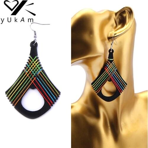 YUKAM Retro Bohemian Hollow Fan-shaped Large Dangle Earrings Rainbow Color Painted African Wood Drop Earrings Jewelry for Women