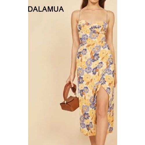 Women Slip Dress Floral High Waist Split Sleeveless Office Lady Elegant 2021 Summer Fashion Female Spaghetti Strap Midi Dresses