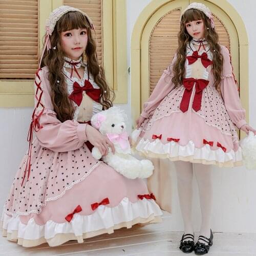 Sweet Lolita Bow Dress Women Spring Dresses Sweet Soft Girls Print Dot Polka Cute Long Sleeve Dress Vestidos AFC491