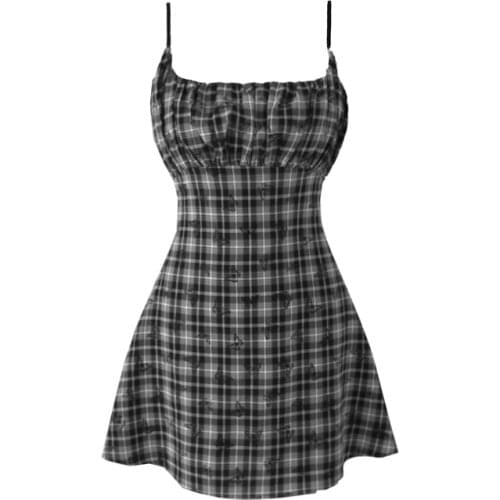 New Summer Gothic Hot Girls Sexy Sling Black Butterfly Print Dress Streetwear Punk Pleated Plaid Sleeveless Mini Dress