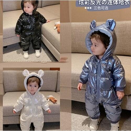 Winter Infant Baby Clothing New Boys Shiny Thick Down Cotton Jumpsuit Girls Long-sleeved Hooded Romper Snowsuit 3-24 Outerwear