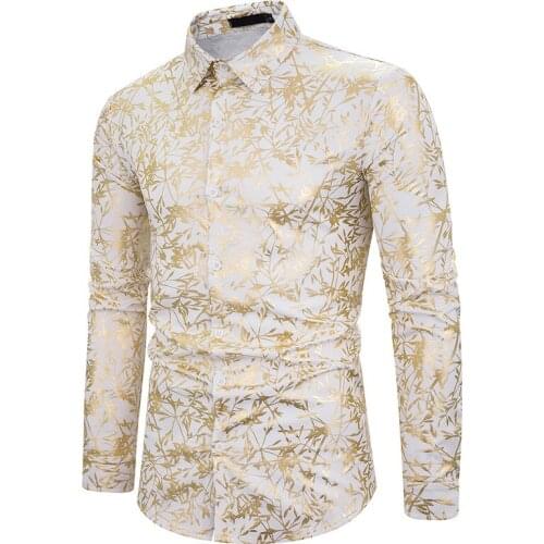 18 colour Men Gold Bronzing Printed Business Casual dress Shirts Slim Wedding party dancer Long Sleeve Shirt Camisa Masculina