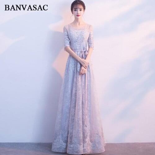 BANVASAC 2018 A Line O Neck Lace Embroidery Long Evening Dresses Elegant Tulle Party Half Sleeve Sash Prom Gowns
