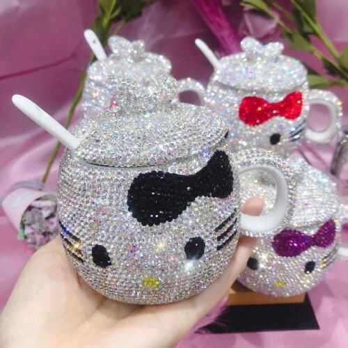 Shinning Coffee Mug with Lid All Rhinestones Helloo Kitty Cup Ceramic Mug Kawaii Cat Bling Gifts for Girlfriend Tea Cute Cup