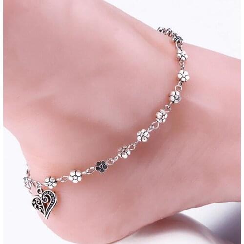 1Piece Antique Silver Chain Sexy Love Heart Plum Flower Anklets Ankle Bracelet Foot Jewelry for women Girl Summer Bracelets