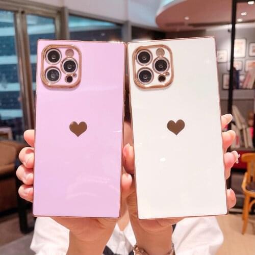 Phone Case For iPhone 12 11 Pro X XR XS Max 7 8 Plus SE 2 12 Mini Luxury Love Heart Square Electroplated Soft Candy Colors Case