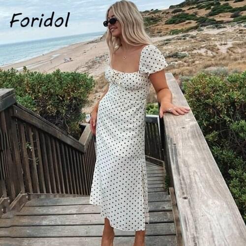 Foridol Polka Dot Pink Vintage Slit Dress Puff Sleeve Lace Up Long Dress Beach Holiday Summer Dress Elegant Ladies Sundress 2021