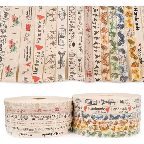 Handmade Printed Cotton Ribbon "Hand made" Letter Print Ribbon For Gift Wrapping Party Dress Sew On Garment 5 yards