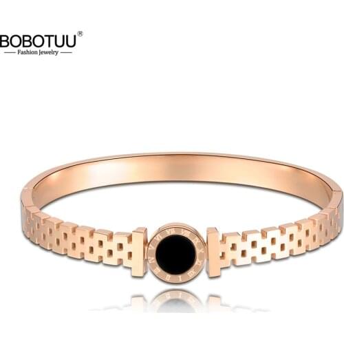 BOBOTUU Classic Black Acrylic Roman Letter Titanium Steel Bangles Bracelets Vintage Hollow Women Bangle Jewelry BB17010