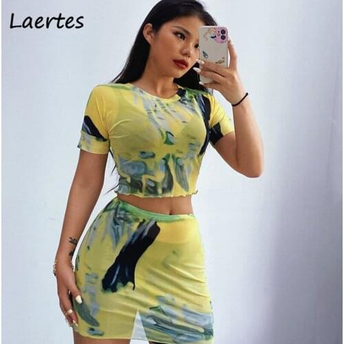 Laertes Tow Piece Suit Tie Dye Women Skirt Short Elegant Fitness Tank Top O Neck Short Sleeve Party Dress Sets Club Outfit