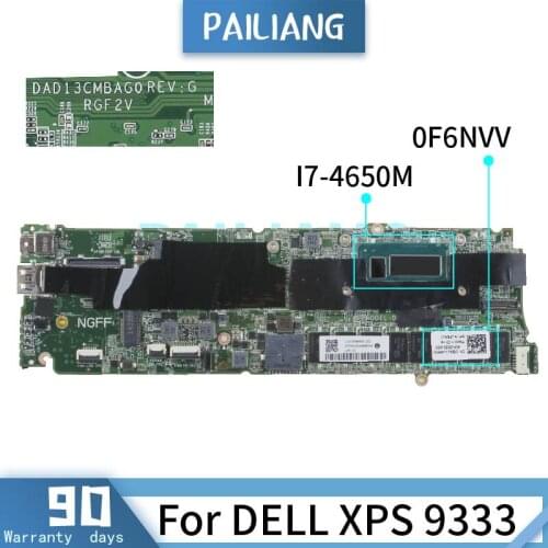 PAILIANG Laptop motherboard For DELL XPS 9333 I7-4650M Mainboard DAD13CMBAG0 0F6NVV SR16H tesed