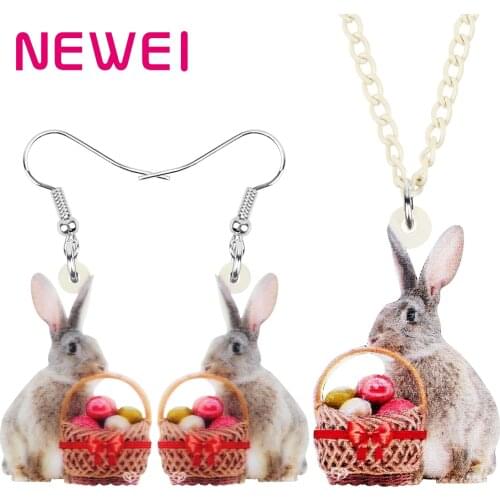 Newei Acrylic Easter Basket Hare Bunny Rabbit Jewelry Sets Print Animal Earrings Necklace For Women Girls Party Gifts Accessory