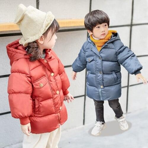 New Childrens Cotton Winter Jacket for Girls Kid Warm Cotton-padded Long Jacket Teenage Boys Coat Hoodies Outerwear Red Clothes