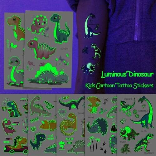 New Luminous Dinosaur Tattoo Stickers Kids Cartoon Fun Glowing Environmentally Stickers Temporary for Child Body Art Decoration