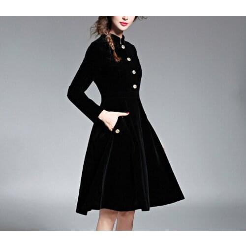 PERHAPS U Woman Elegant Black Velvet Thick Office Lady Pocket Button Stand Collar Long Sleeve Short Dress A-line Winter D0181