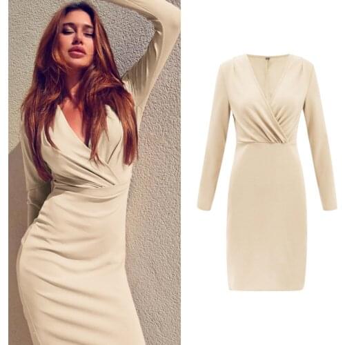Long sleeve high waist sexy dress autumn winter women fashion party elegant dressesV-neck pleated hip dress