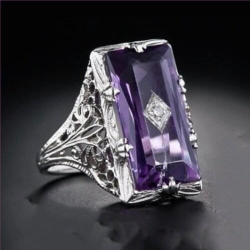 Silver Plated Rectangle Shape Natural Purple Amethysts Crystal Finger Ring for Engagement Gift Jewelry