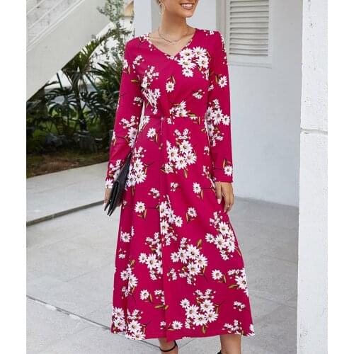 Pdfmily 4 Colors Floral Printed Casual Dresses 2019 Autumn Winter Women V-Neck Long Sleeve A-Line Elegant Long Dress 1008