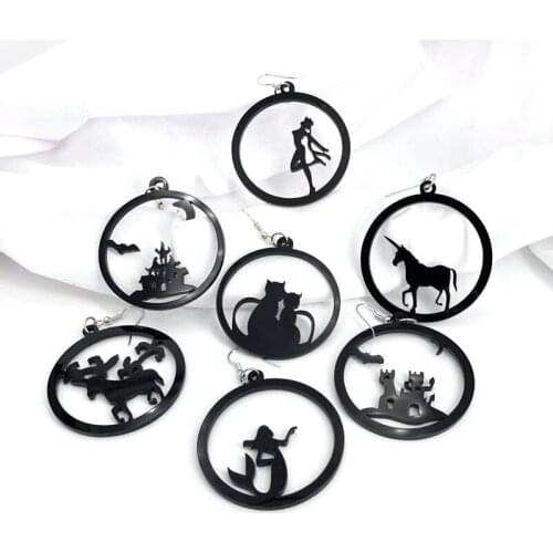 New Kawaii Personality Witch Bat Castle Unicorn Mermaid Cat Earrings Ladies Long Acrylic Geometric Round Earrings for Women