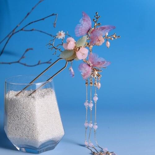 Vintage Pink Butterfly Hair Stick Handmade Hair Clip Tassel Hair Pin Hair Sticks Accessories Headwear for Kimono Hanfu COSPLAY