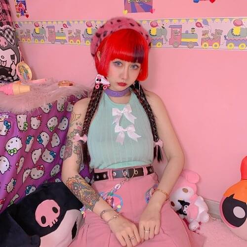 Japanese Sweet WomenS Vest Bowknot Summer Soft Girl Knitting Halter Sling Vest Sexy Kawaii Slim Short Streetwear Clothes Female