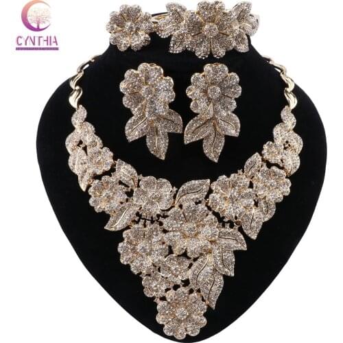 CYNTHIA Nigerian Wedding Bridal African Gold Color Jewelry Set Dubai Crystal Necklace Bracelet Earrings Ring Set for Women