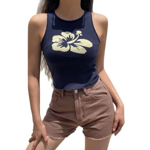 Ladies Summer Sexy Midriff-baring Camisole, Girls Creative Floral Printing Round Collar Sleeveless Tops Slim Base Shirt