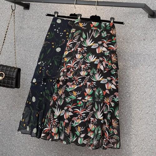Chiffon Floral Elastic Waist Falbala Plus Size Oversized Large Korean Fashion High-Waisted Summer WomenS Clothes Skirts 2021